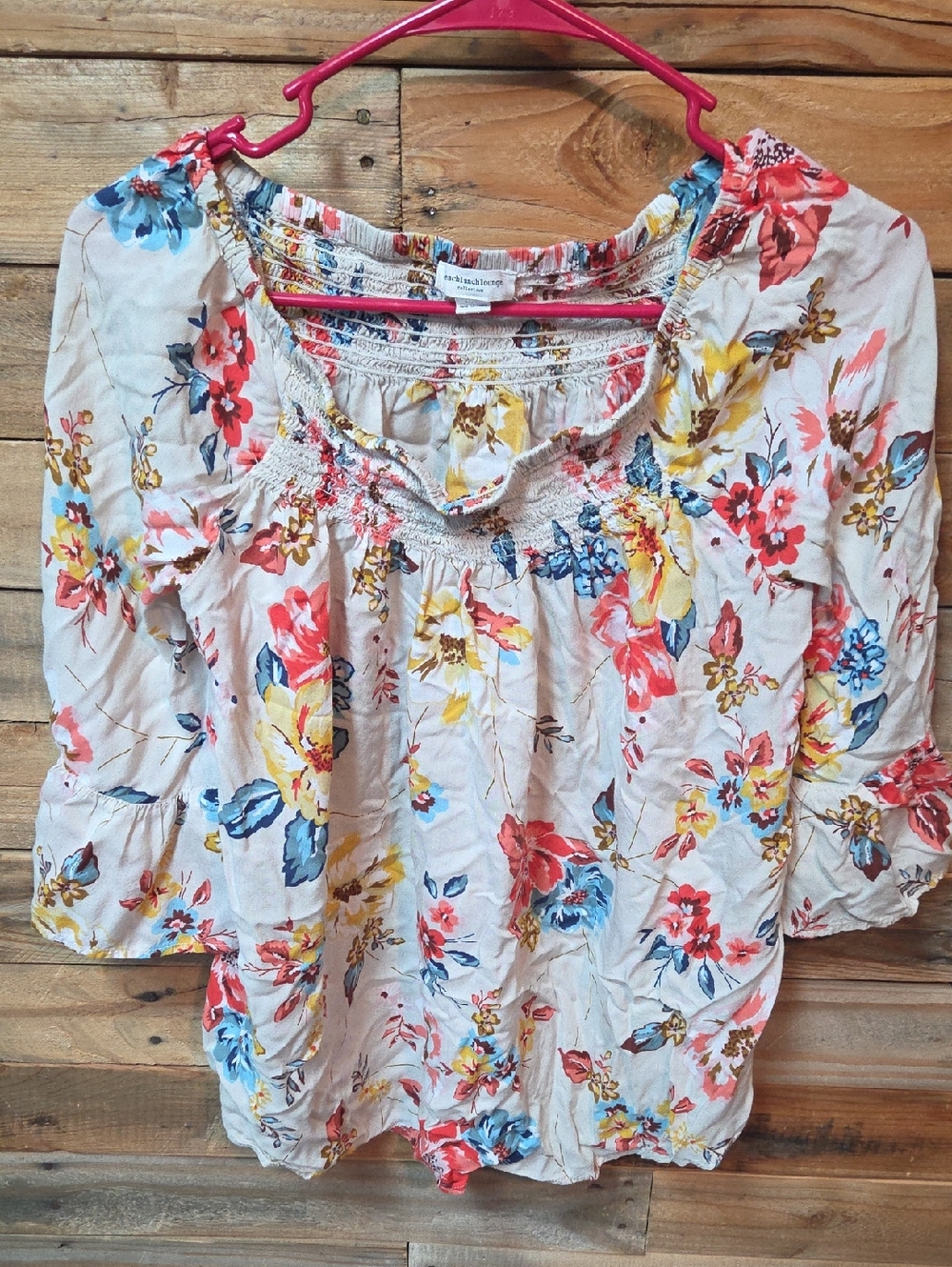 beachlunchlounge Cream Floral Peasant Blouse with Red, Blue & Yellow Accents